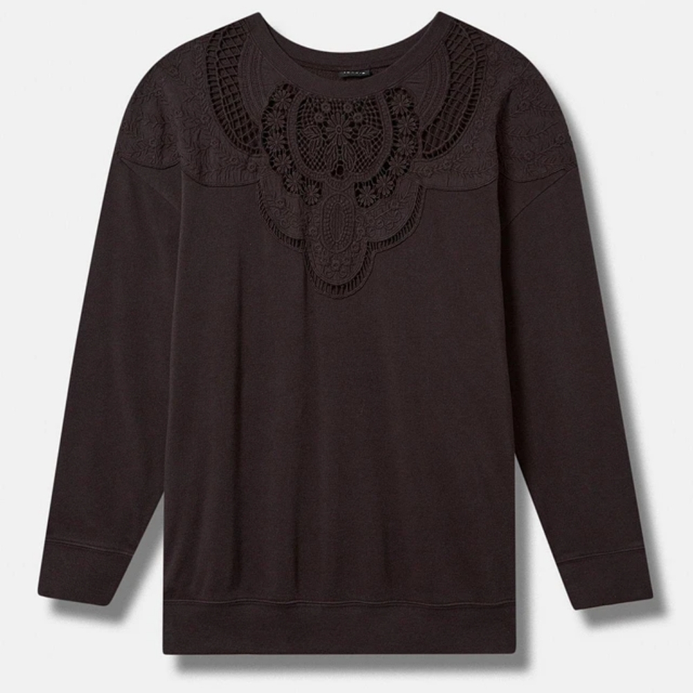 Torrid Cozy Fleece Crew Neck Drop Shoulder Crochet Inset